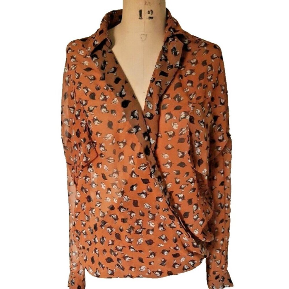 JoJo cute bird print sheer wrap tunic top shirt blouse women's size M